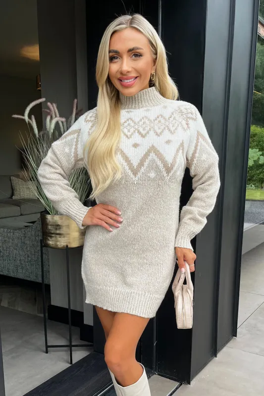 Oatmeal Fairisle Mock Neck Knitted Dress sold by AX Paris