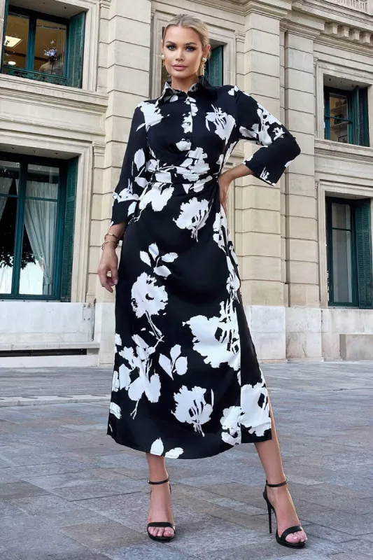 Black And White Print Draped Shirt Midi Dress sold by AX Paris