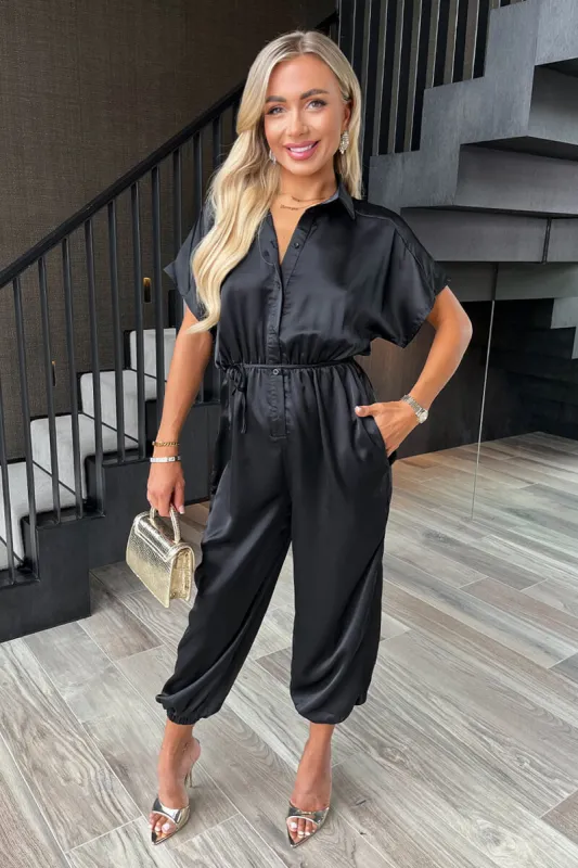 Black Satin Button Front Collared Tie Waist Jumpsuit sold by AX Paris