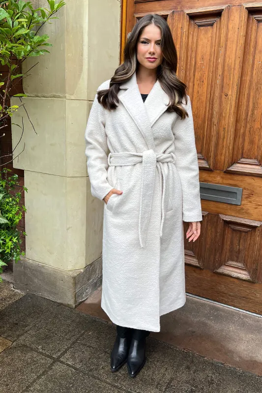 Cream Boucle Tie Belt Longline Trench Coat sold by AX Paris