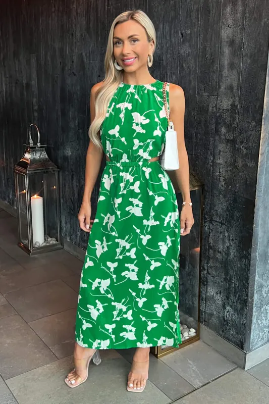 Green And White Floral Printed Cut Out Midi Dress sold by AX Paris