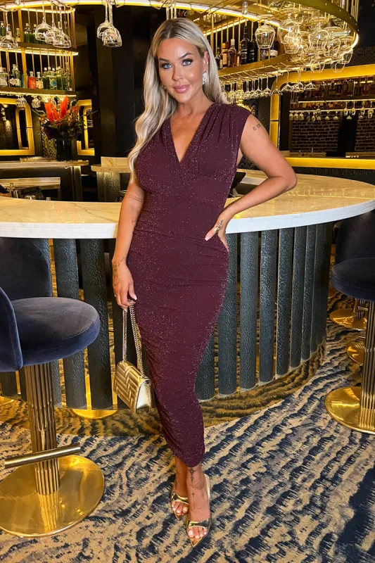 Plum Sparkle Wrap Top Ruched Skirt Midi Dress sold by AX Paris