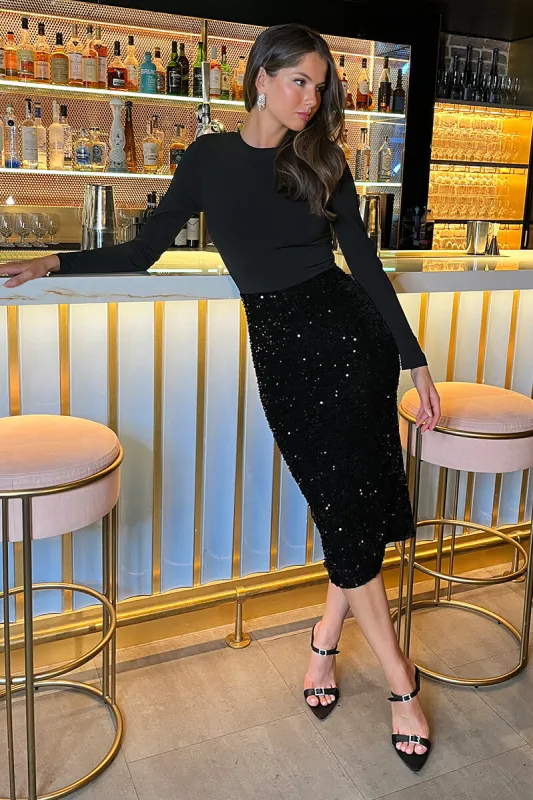 Black Velvet Sequin 2 in 1 Long Sleeve Midi Dress sold by AX Paris