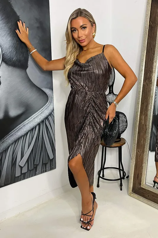 Bronze Plisse Strappy Cowl Neck Gathered Skirt Midi Dress sold by AX Paris
