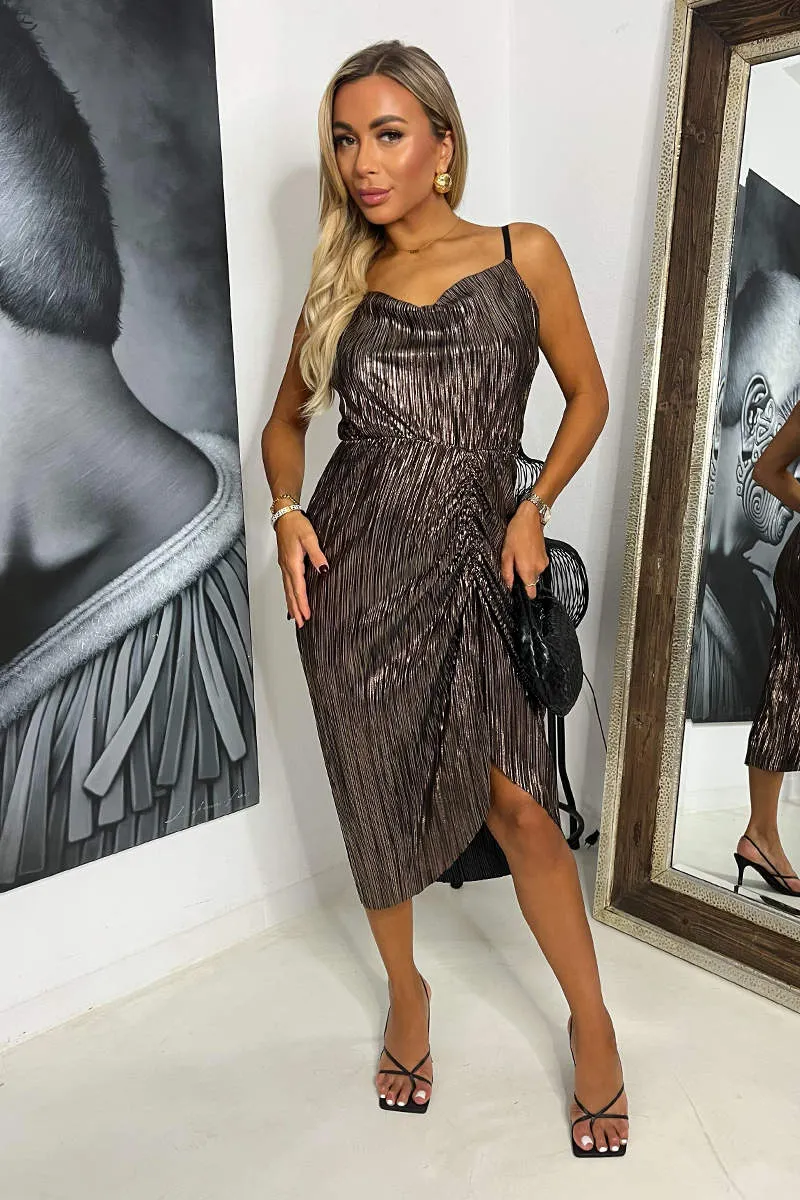 Bronze Plisse Strappy Cowl Neck Gathered Skirt Midi Dress sold by AX Paris product image thumbnail 2