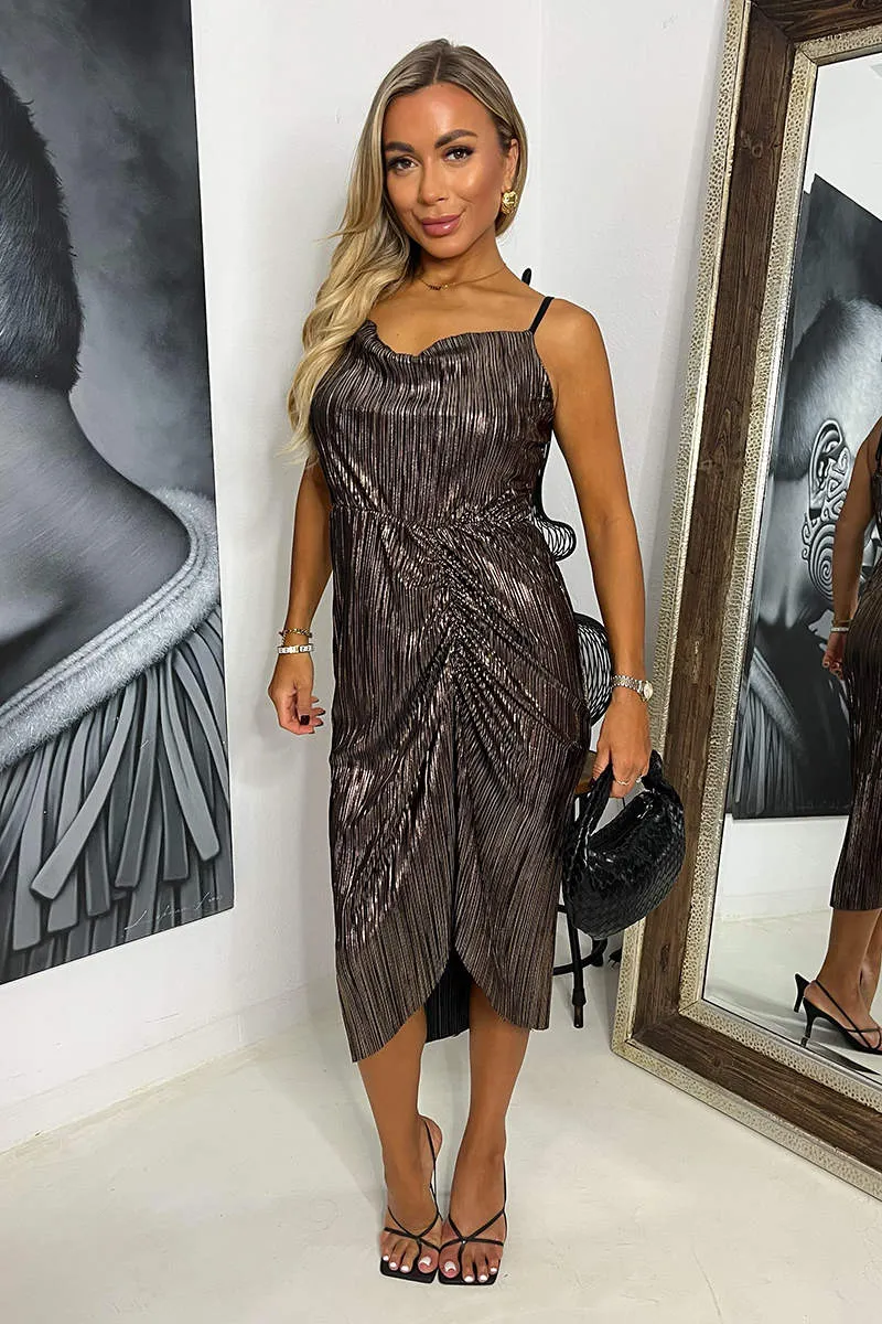 Bronze Plisse Strappy Cowl Neck Gathered Skirt Midi Dress sold by AX Paris product image thumbnail 3