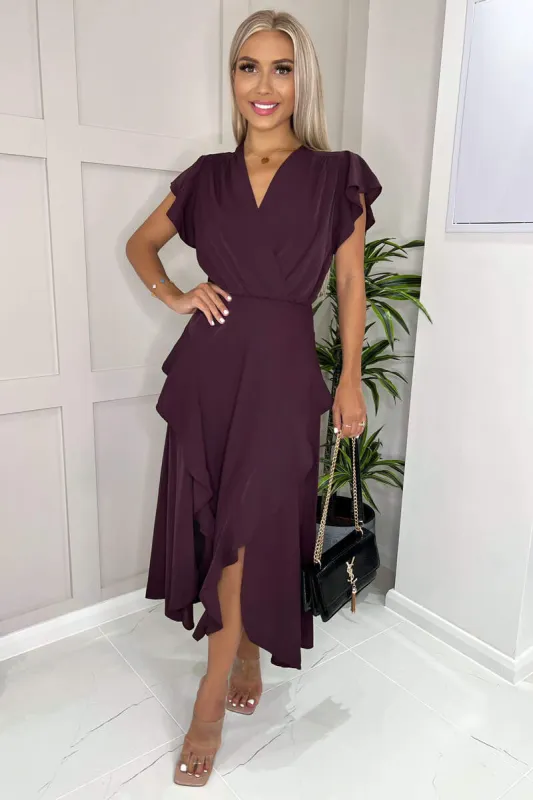 Plum Frill Detail Double Split Skirt Midi Dress sold by AX Paris