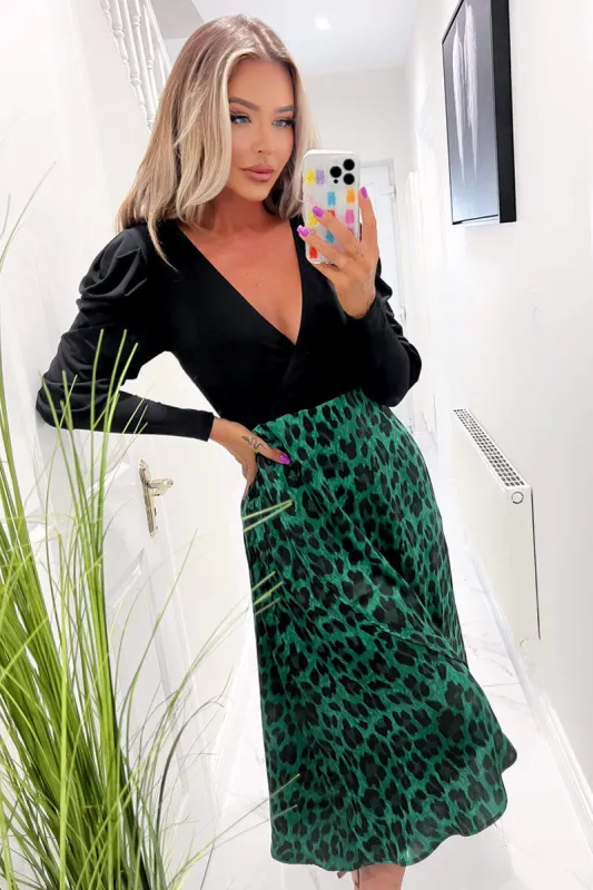 Green And Black Animal Print 2 In 1 Long Sleeve Wrap Midi Dress sold by AX Paris