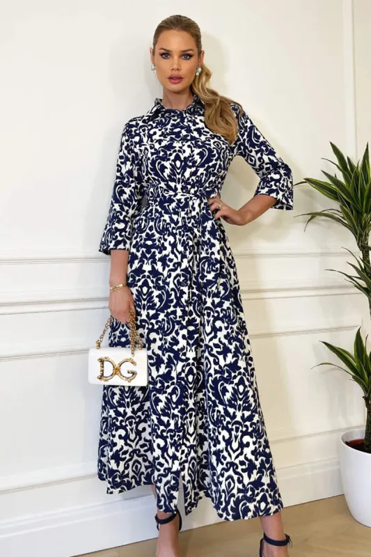 Navy and Cream Printed Shirt Dress sold by AX Paris
