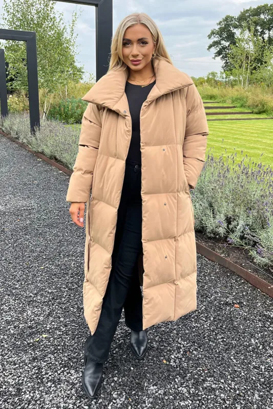 Biscuit Tie Waist Quilted Longline Puffer Coat sold by AX Paris