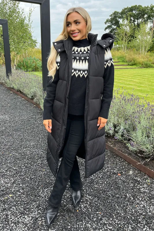 Black Faux Fur Hooded Longline Padded Gilet sold by AX Paris