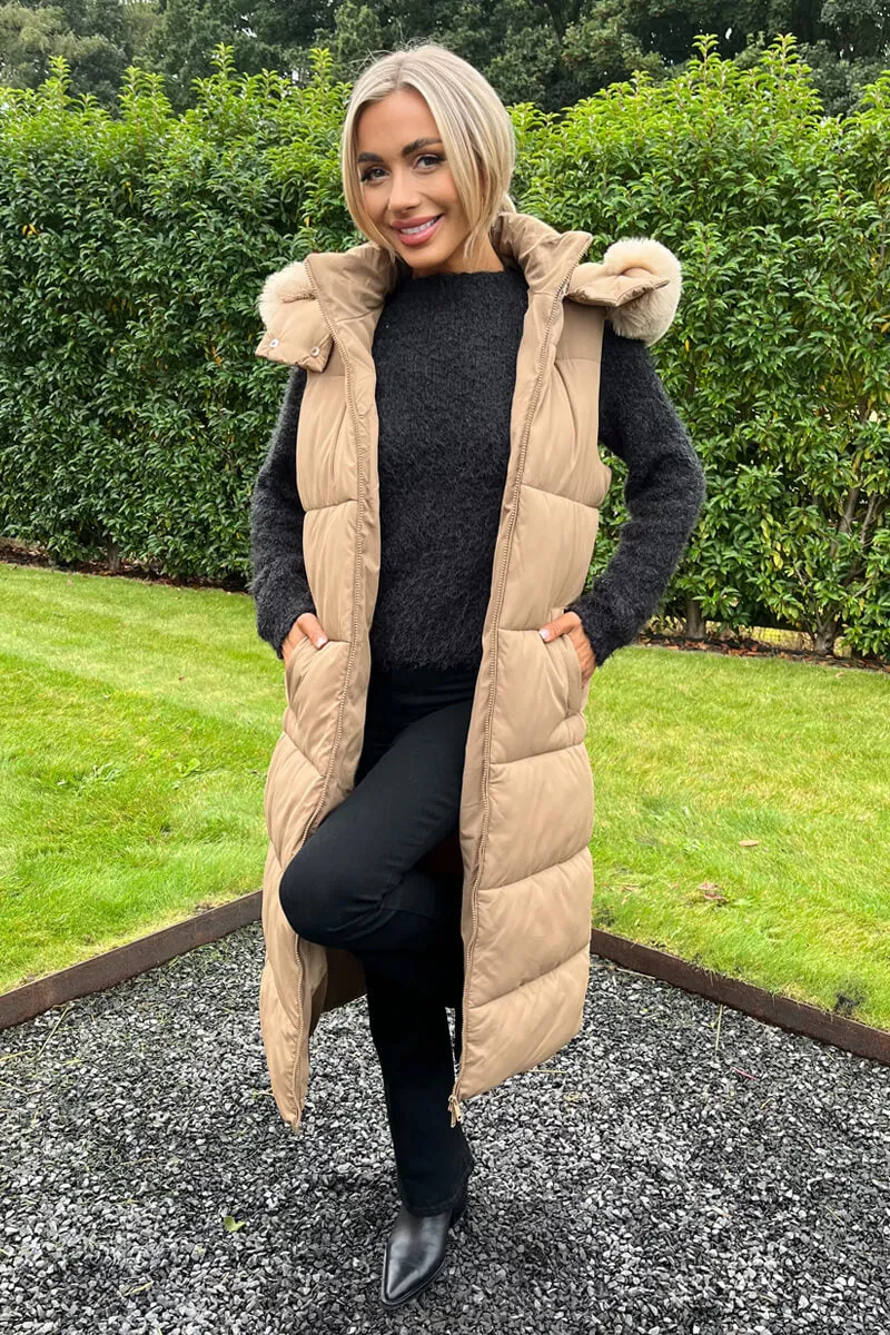 Biscuit Faux Fur Hooded Longline Padded Gilet sold by AX Paris product image thumbnail 3