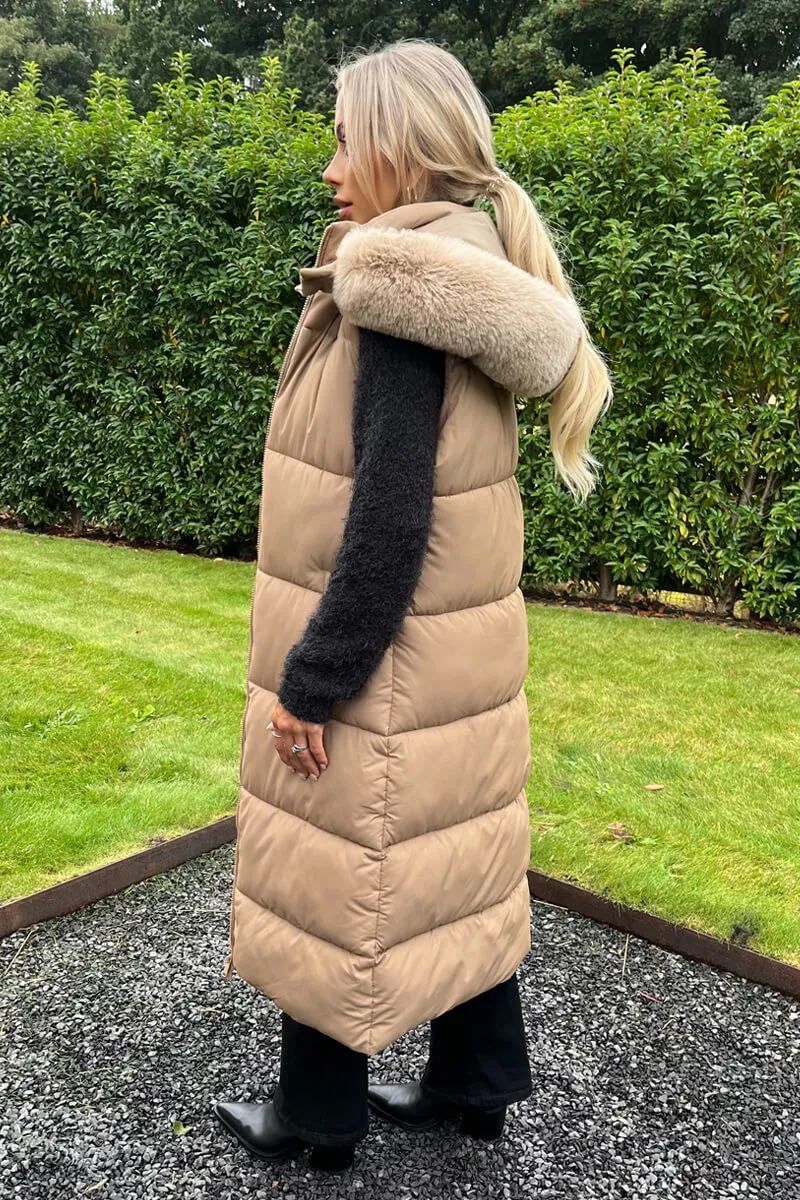 Biscuit Faux Fur Hooded Longline Padded Gilet sold by AX Paris product image thumbnail 4
