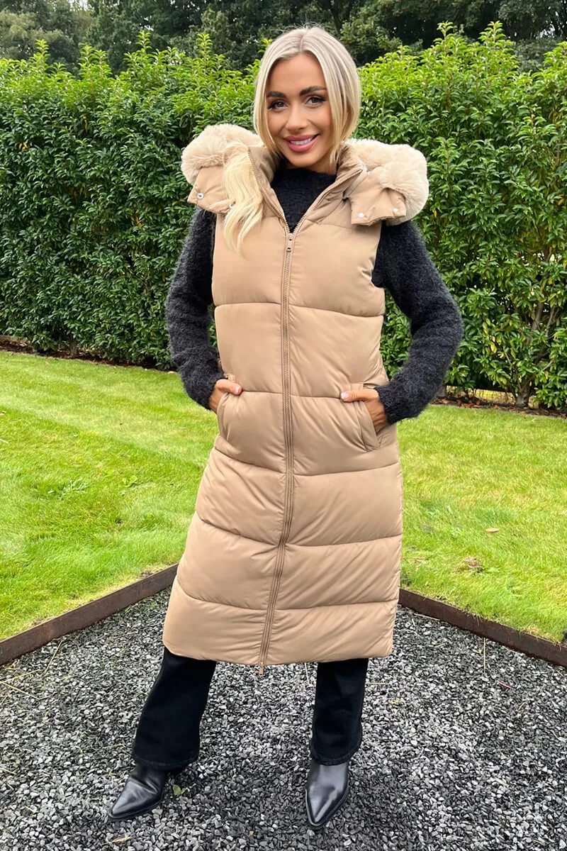 Biscuit Faux Fur Hooded Longline Padded Gilet sold by AX Paris product image thumbnail 2