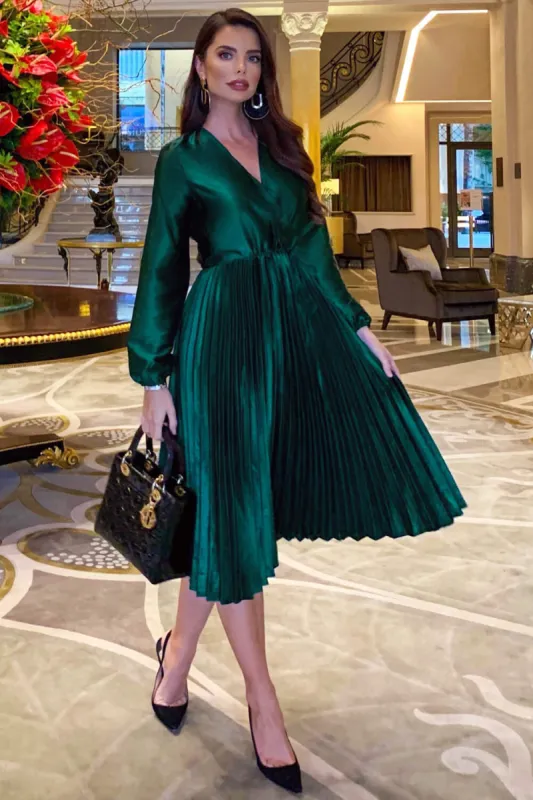 Teal Wrap Pleated Satin Dress sold by AX Paris