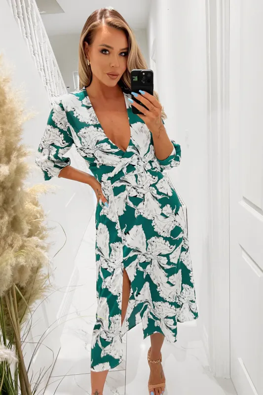 Green And White Floral Print Wrap Top Midi Dress sold by AX Paris