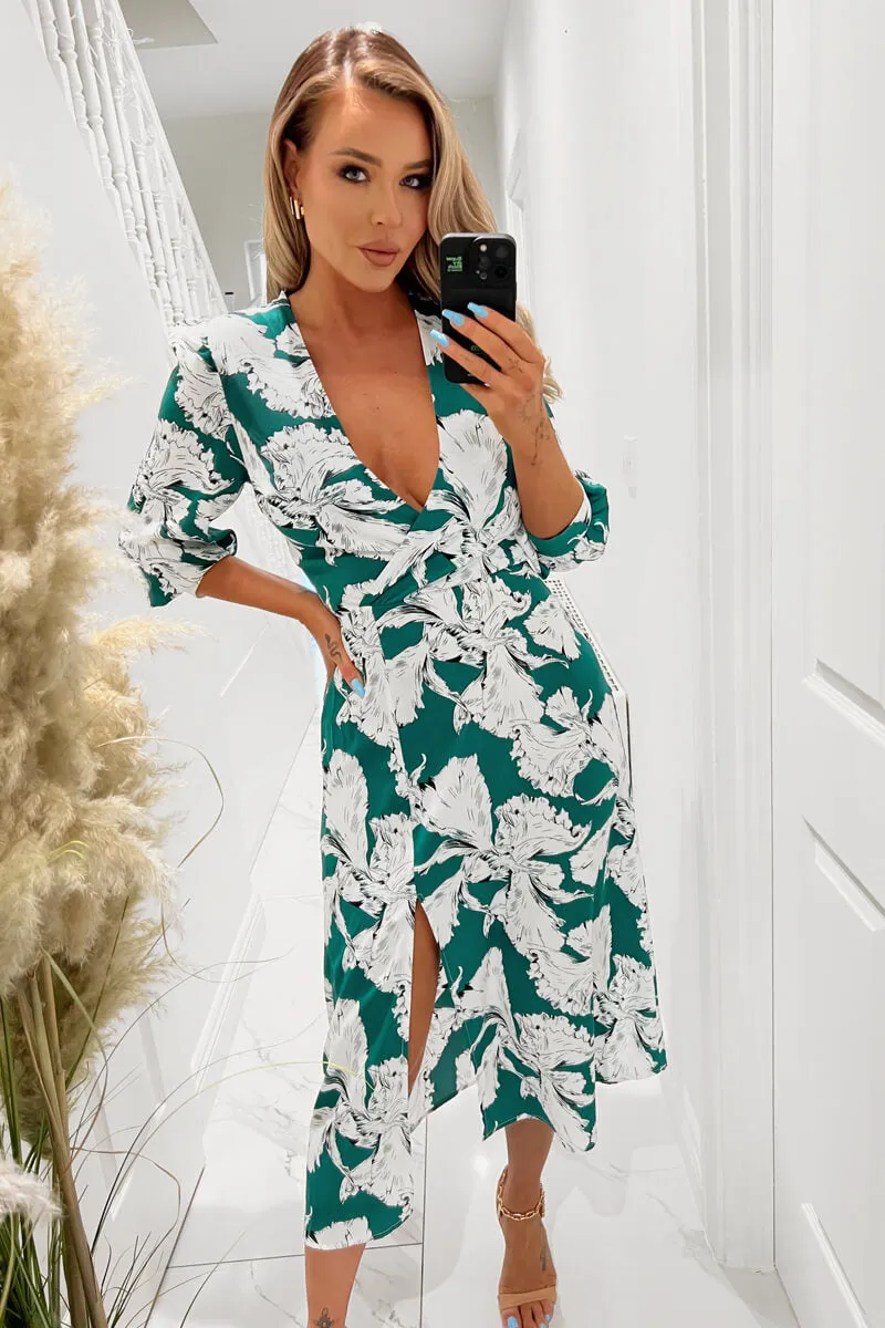 Green And White Floral Print Wrap Top Midi Dress sold by AX Paris