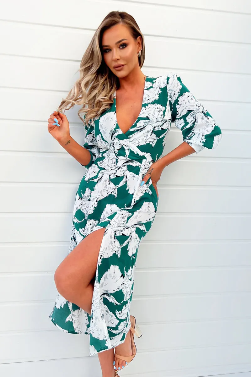 Green And White Floral Print Wrap Top Midi Dress sold by AX Paris product image thumbnail 3