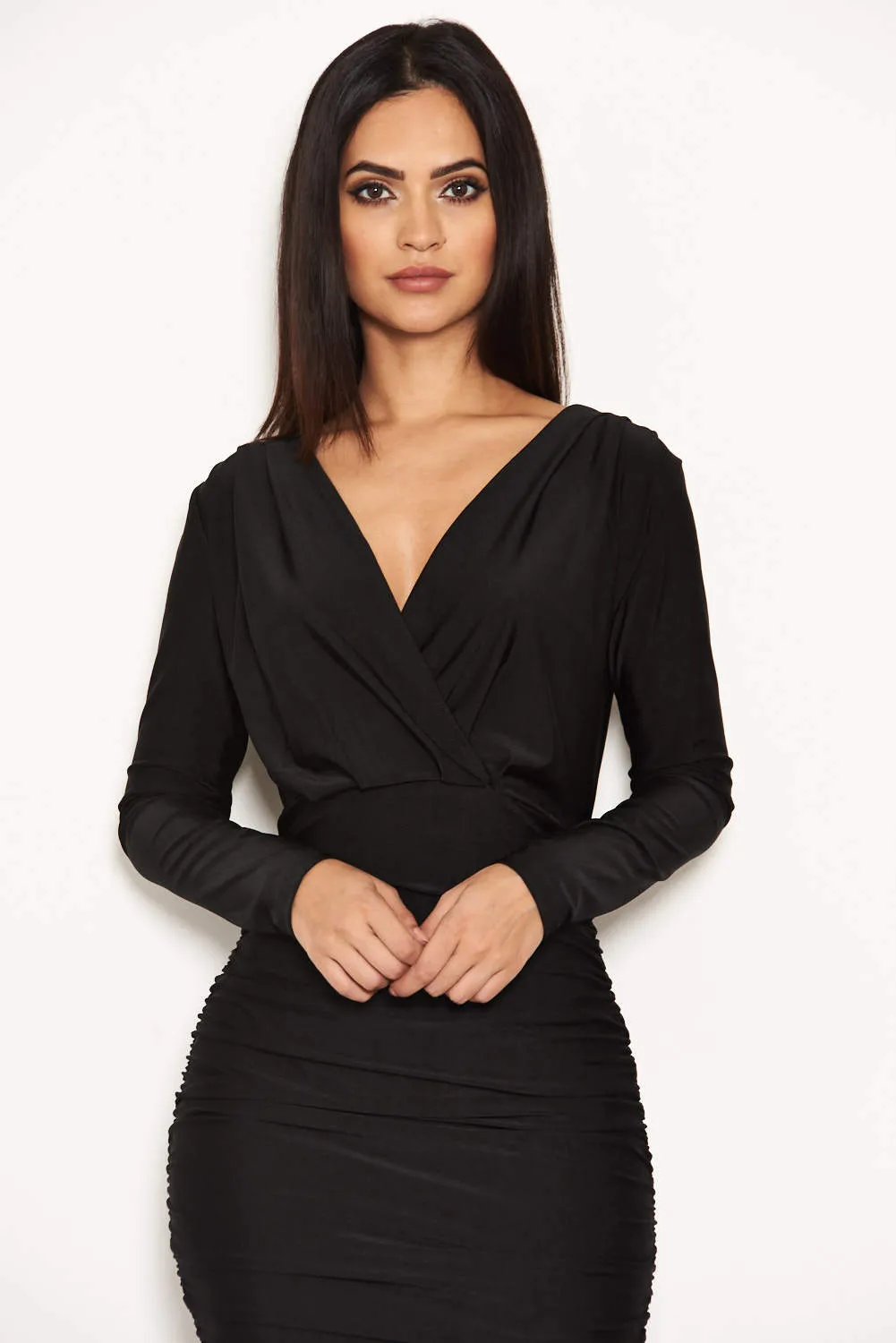 Black Ruched Wrap Dress sold by AX Paris product image thumbnail 4