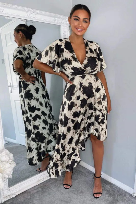 Black And Stone Abstract Print Wrap Midi Dress sold by AX Paris