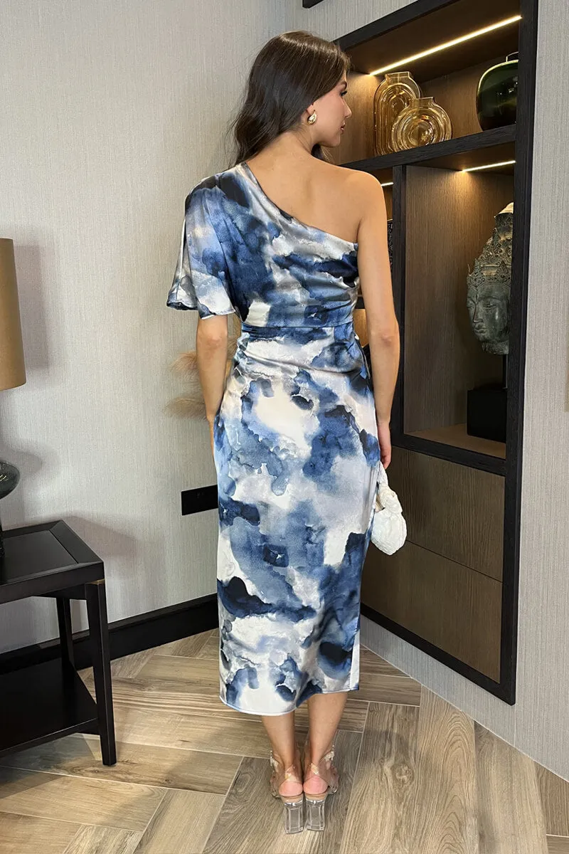 Navy Marble Print One Shoulder Wrap Skirt Midi Dress sold by AX Paris product image thumbnail 4