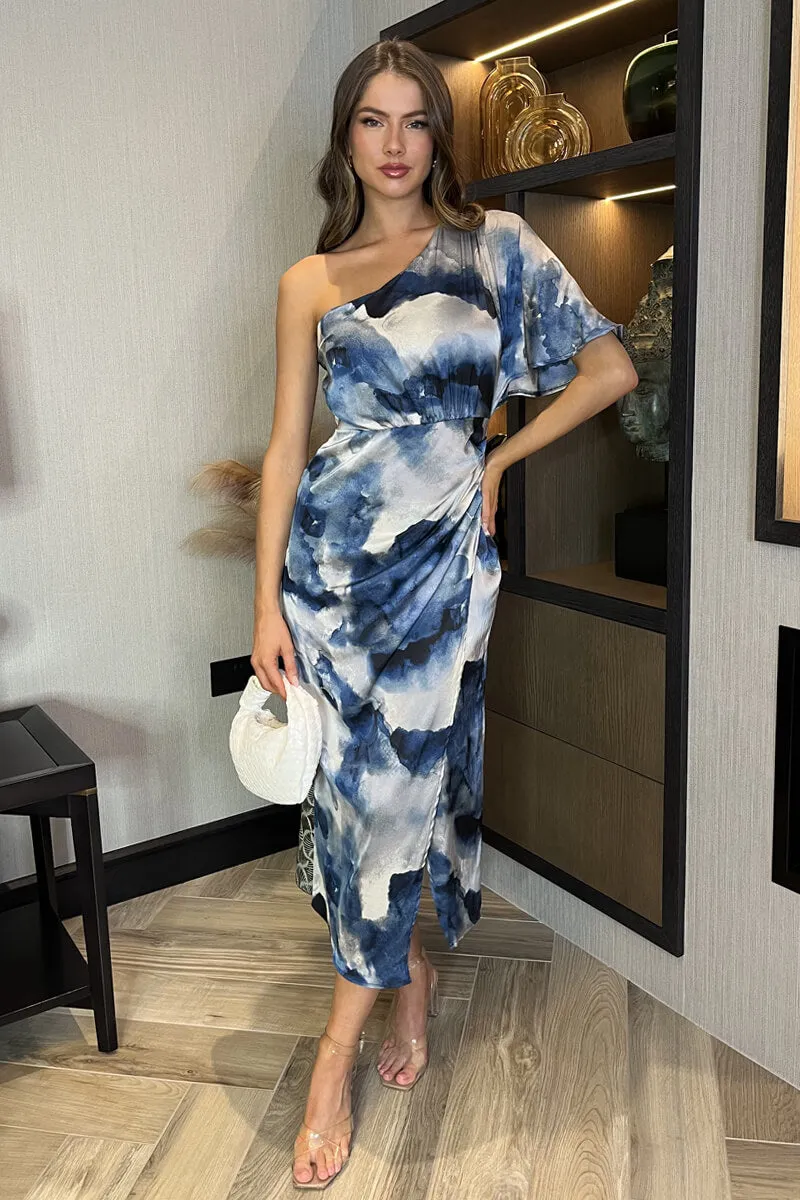 Navy Marble Print One Shoulder Wrap Skirt Midi Dress sold by AX Paris product image thumbnail 2