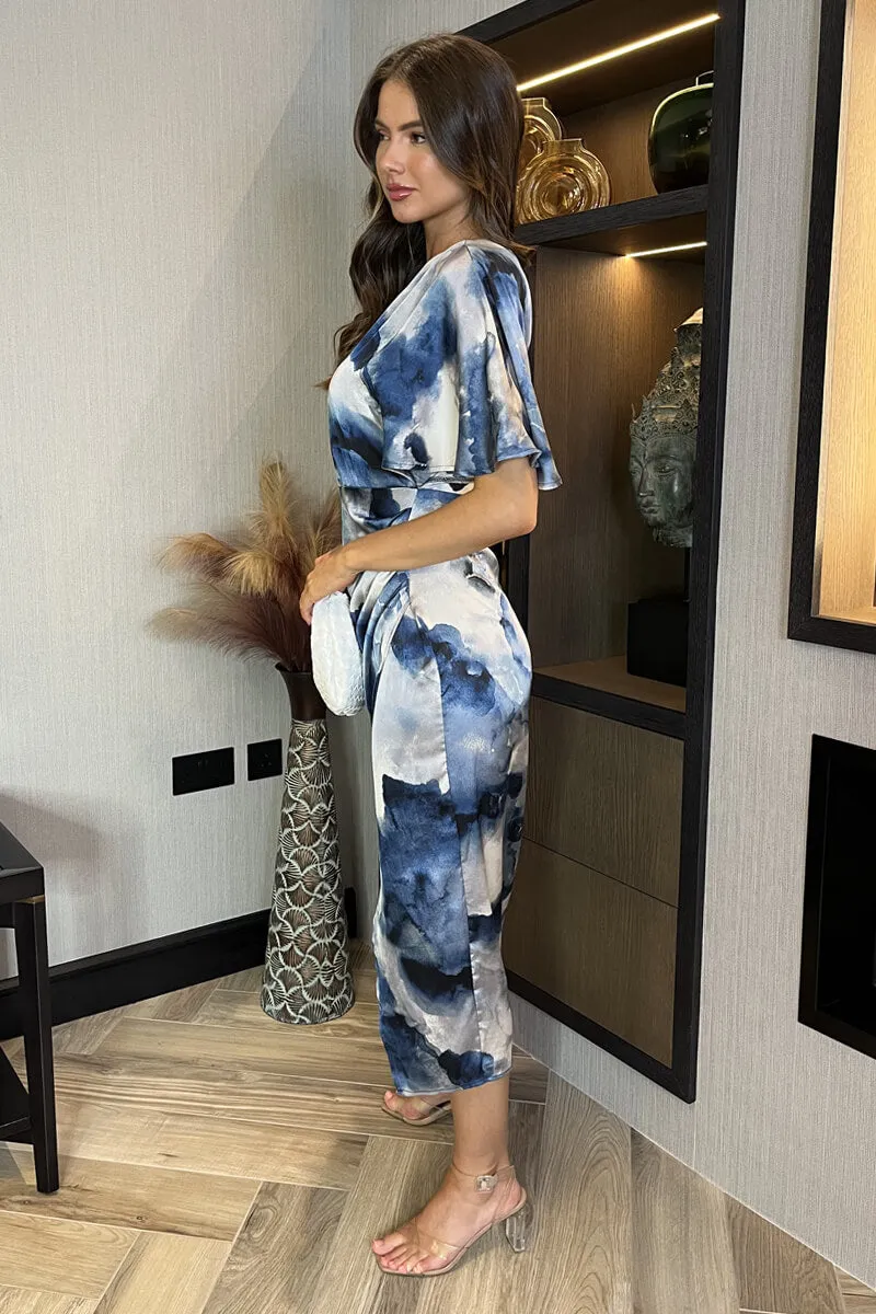 Navy Marble Print One Shoulder Wrap Skirt Midi Dress sold by AX Paris product image thumbnail 3