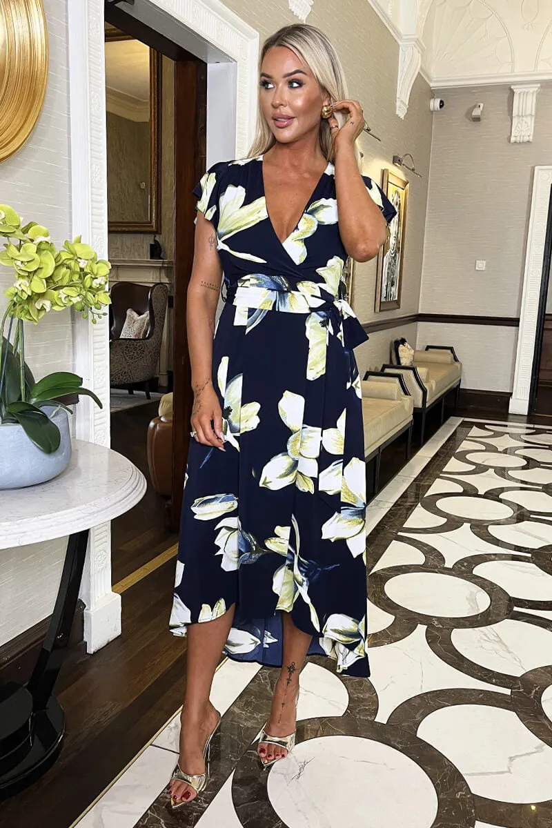 Navy Floral Print Short Sleeve Belted Wrap Midi Dress sold by AX Paris product image thumbnail 3