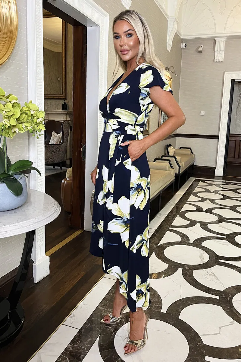 Navy Floral Print Short Sleeve Belted Wrap Midi Dress sold by AX Paris product image thumbnail 4