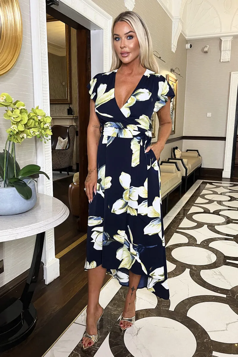Navy Floral Print Short Sleeve Belted Wrap Midi Dress sold by AX Paris