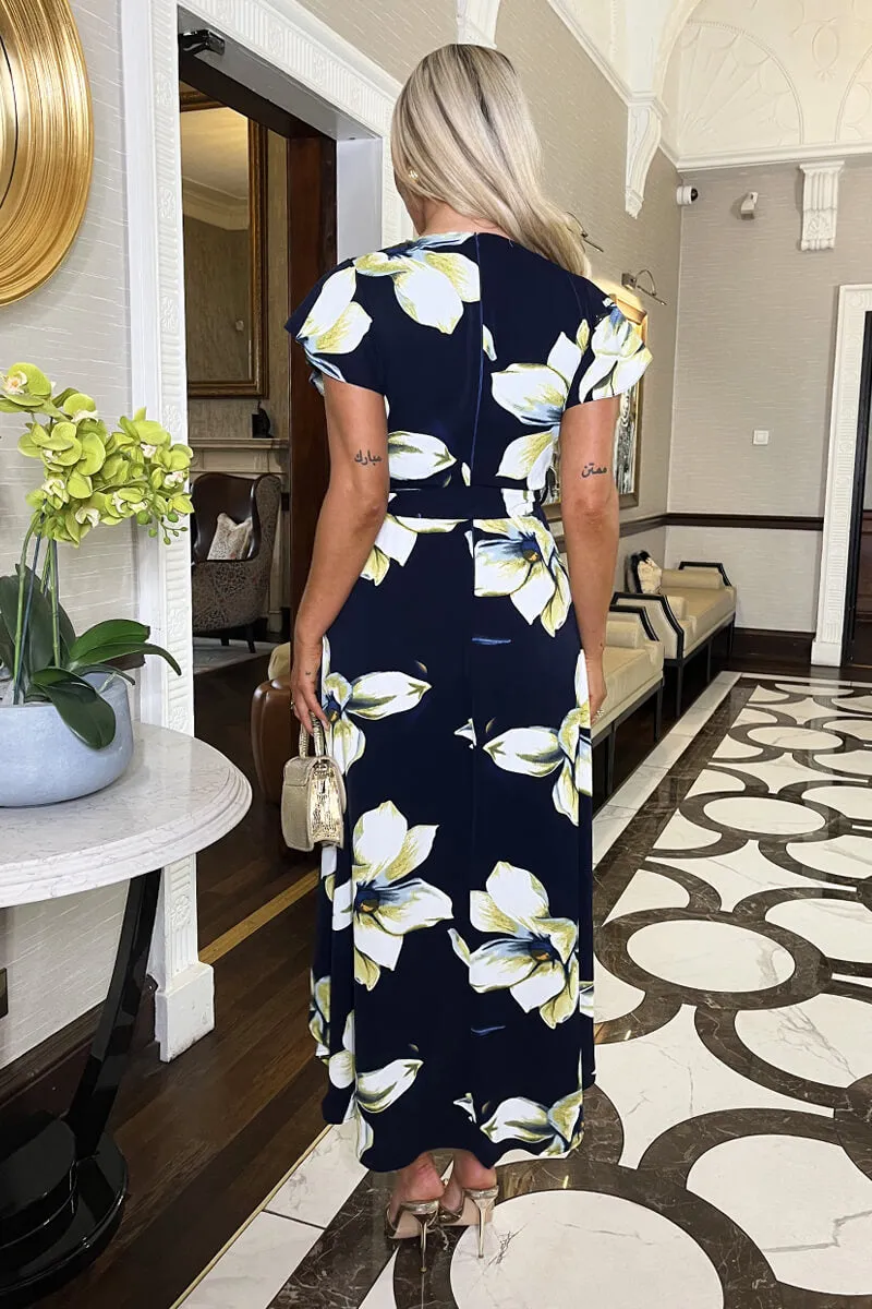 Navy Floral Print Short Sleeve Belted Wrap Midi Dress sold by AX Paris product image thumbnail 5