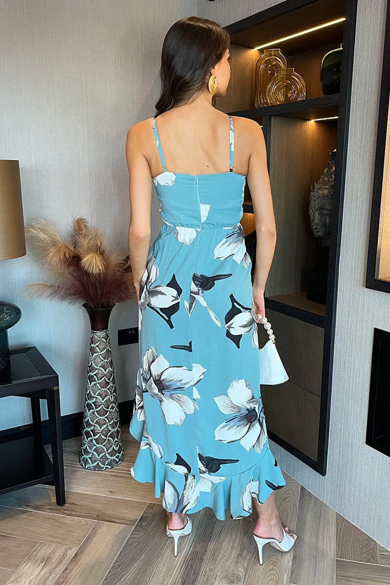 Duck Egg Floral Print Racer Neck High Low Frill Hem Midi Dress sold by AX Paris product image thumbnail 5