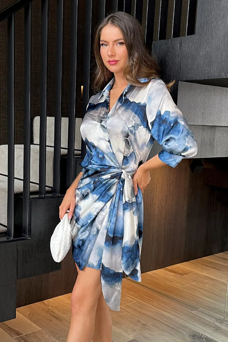 Blue Marble Print Gathered Wrap Shirt Mini Dress sold by AX Paris product image thumbnail 4