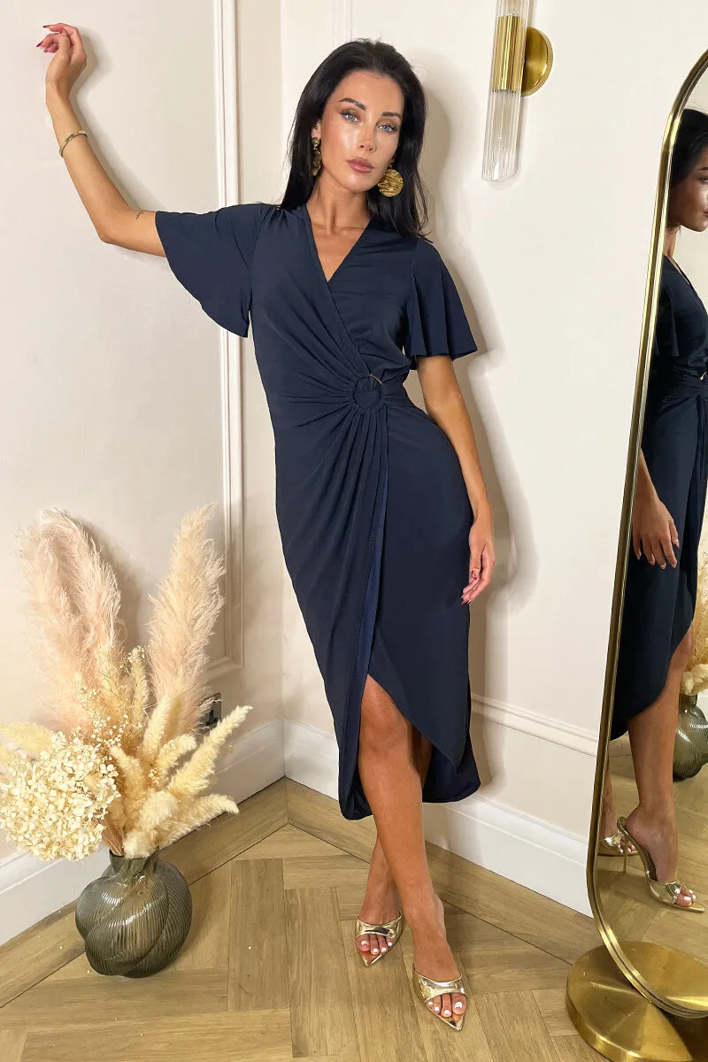 Navy Short Sleeve Ring Detail Wrap Midi Dress sold by AX Paris