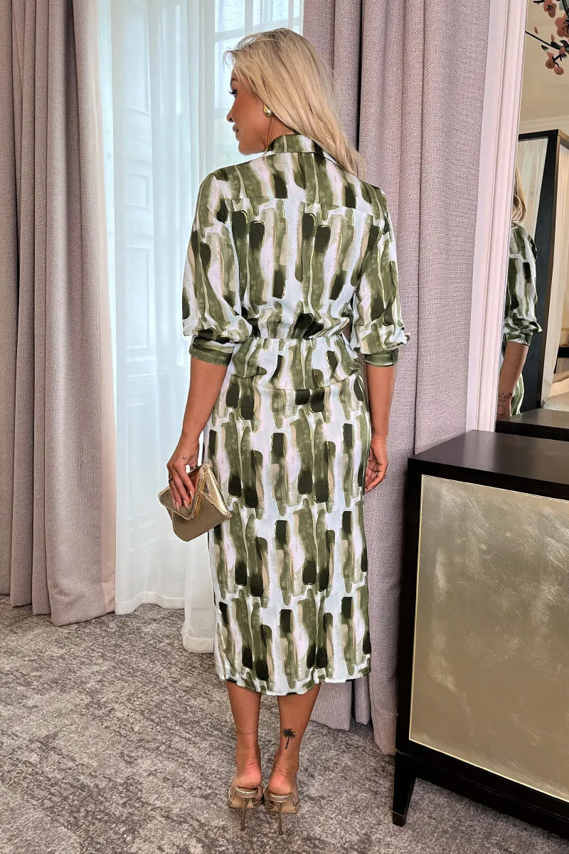 Khaki Brush Stroke Print 3/4 Sleeve Tie Waist Wrap Shirt Midi Dress sold by AX Paris product image thumbnail 5