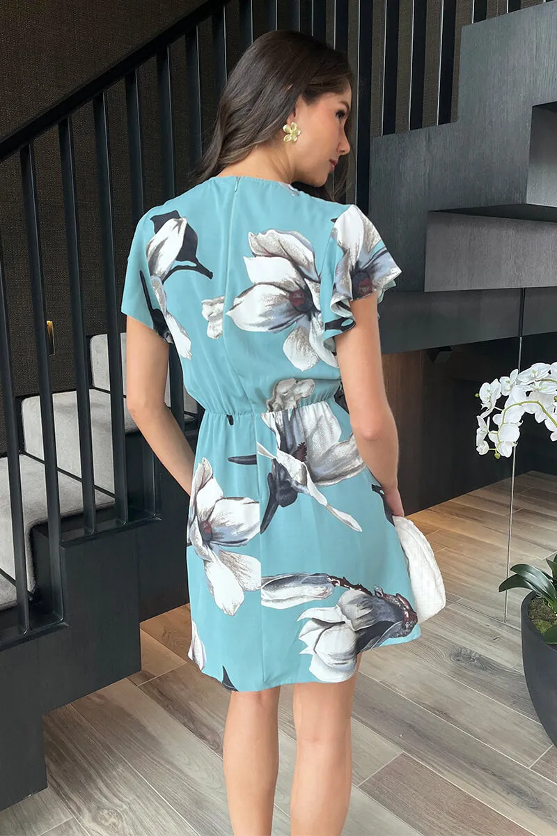 Duck Egg Floral Print Flutter Sleeve Gathered Side Mini Dress sold by AX Paris product image thumbnail 5