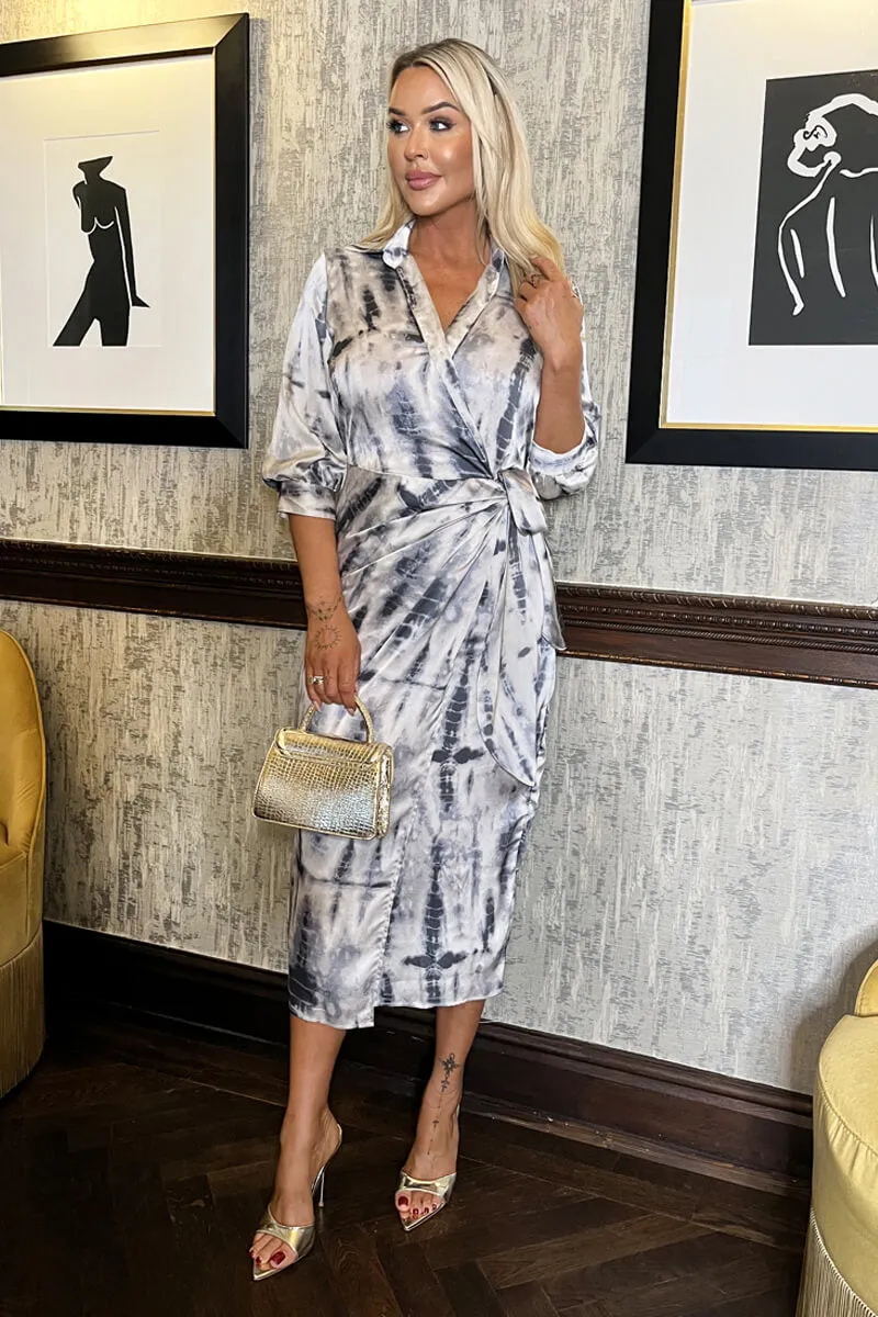 Grey Printed 3/4 Sleeve Side Tie Waist Wrap Shirt Midi Dress sold by AX Paris product image thumbnail 3
