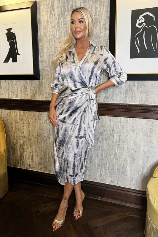 Grey Printed 3/4 Sleeve Side Tie Waist Wrap Shirt Midi Dress sold by AX Paris