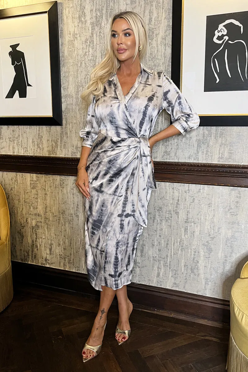 Grey Printed 3/4 Sleeve Side Tie Waist Wrap Shirt Midi Dress sold by AX Paris