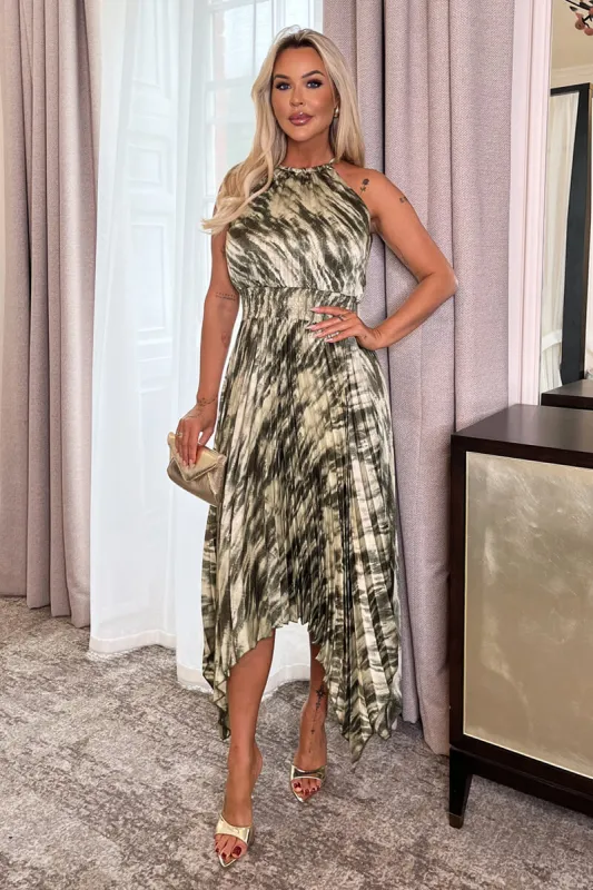 Olive Snake Print Racer Neck Zig Zag Hem Pleated Midi Dress sold by AX Paris