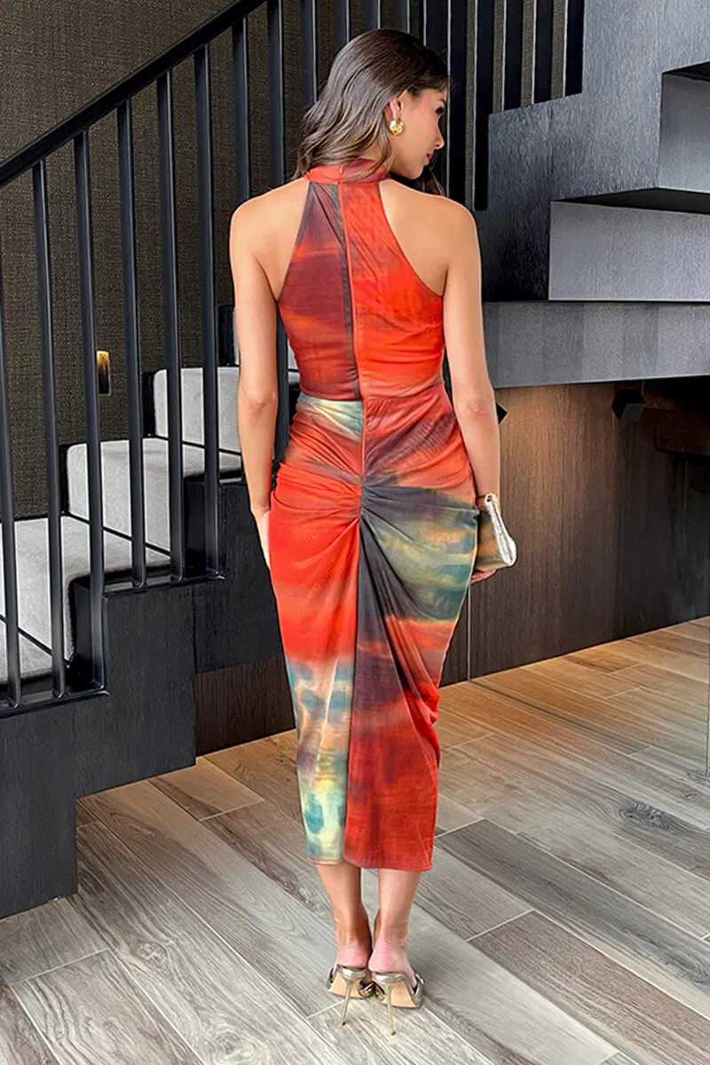 Orange Tie Dye Print Halter Neck Knot Skirt Mesh Midi Dress sold by AX Paris product image thumbnail 5