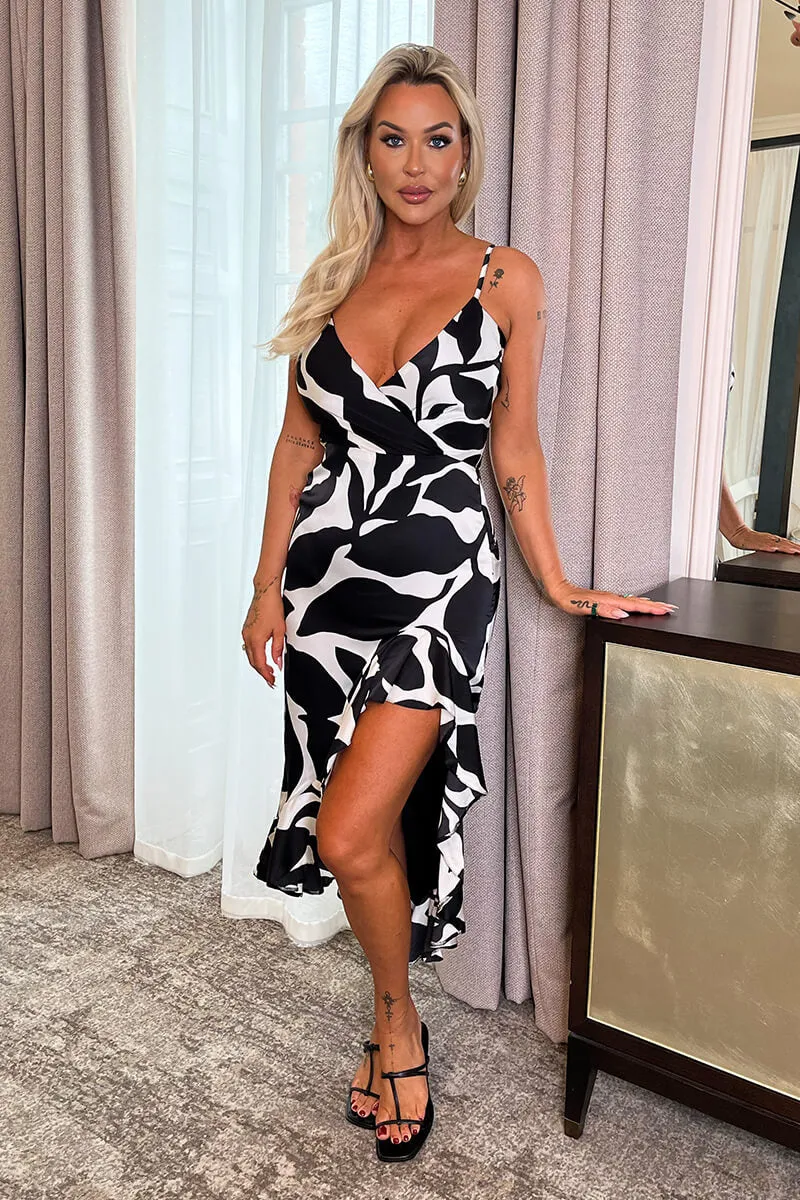 Black And White Leaf Print Strappy Wrap Top High Low Frill Hem Midi Dress sold by AX Paris product image thumbnail 3