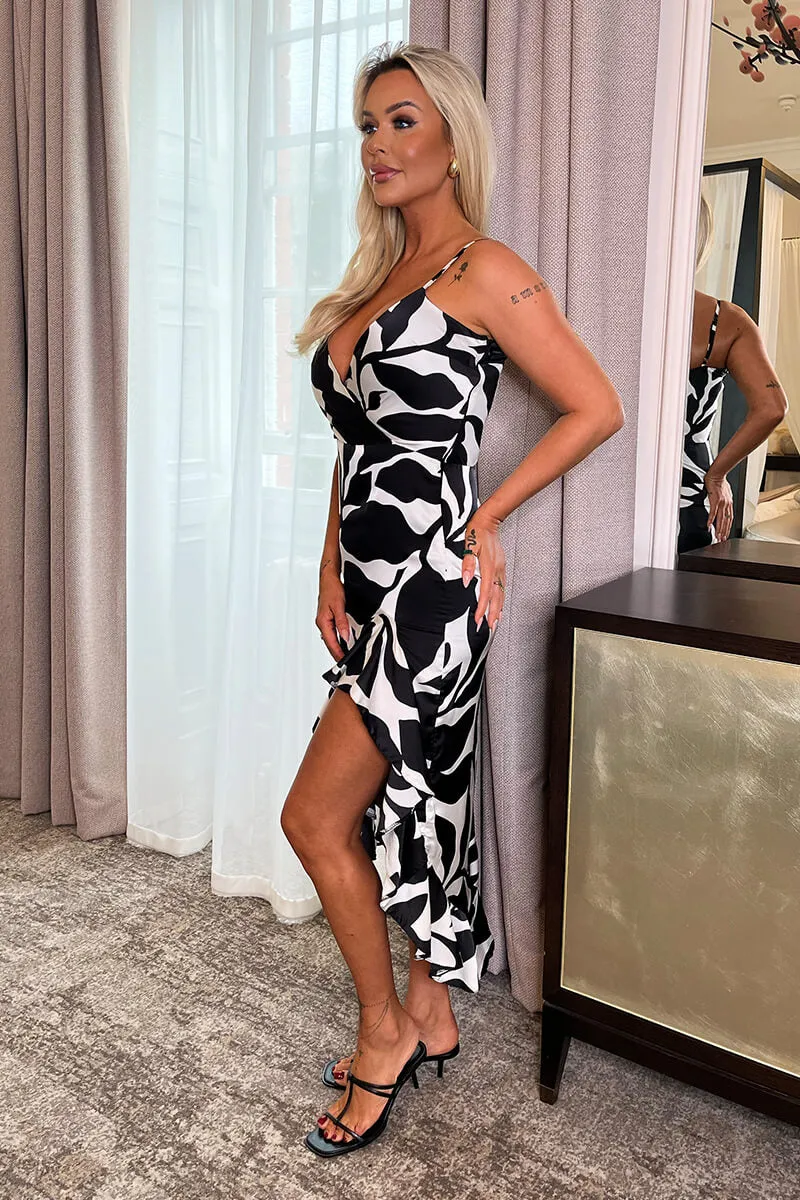 Black And White Leaf Print Strappy Wrap Top High Low Frill Hem Midi Dress sold by AX Paris product image thumbnail 4