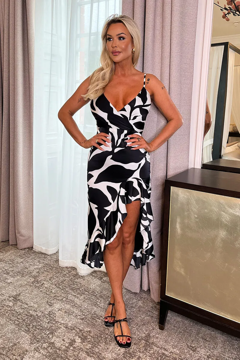 Black And White Leaf Print Strappy Wrap Top High Low Frill Hem Midi Dress sold by AX Paris product image thumbnail 2