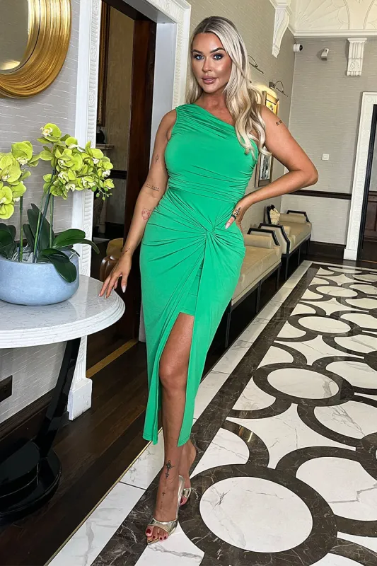 Green One Shoulder Knot Skirt Midi Dress sold by AX Paris