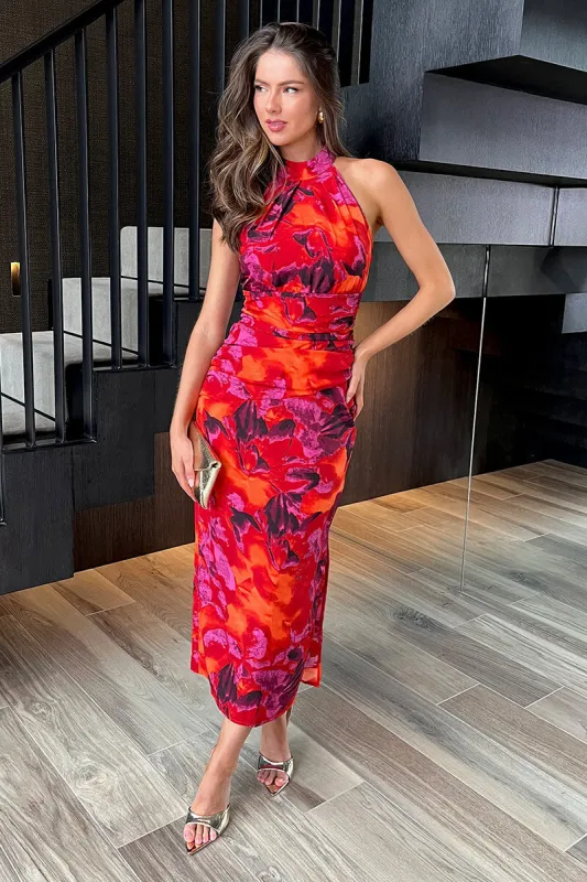 Orange And Purple Abstract Print Halter Neck Draped Waist Midi Dress sold by AX Paris