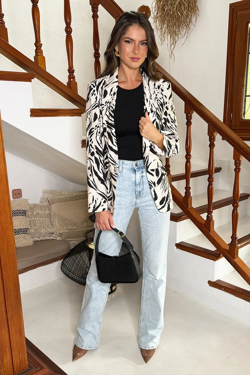 Cream And Black Brush Stroke Print Shawl Collar Open Front Blazer sold by AX Paris product image thumbnail 3