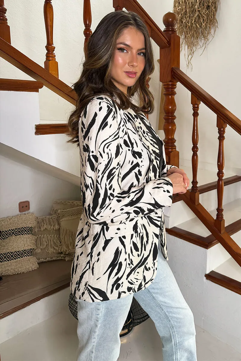 Cream And Black Brush Stroke Print Shawl Collar Open Front Blazer sold by AX Paris product image thumbnail 4