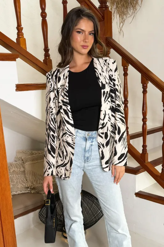 Cream And Black Brush Stroke Print Shawl Collar Open Front Blazer sold by AX Paris