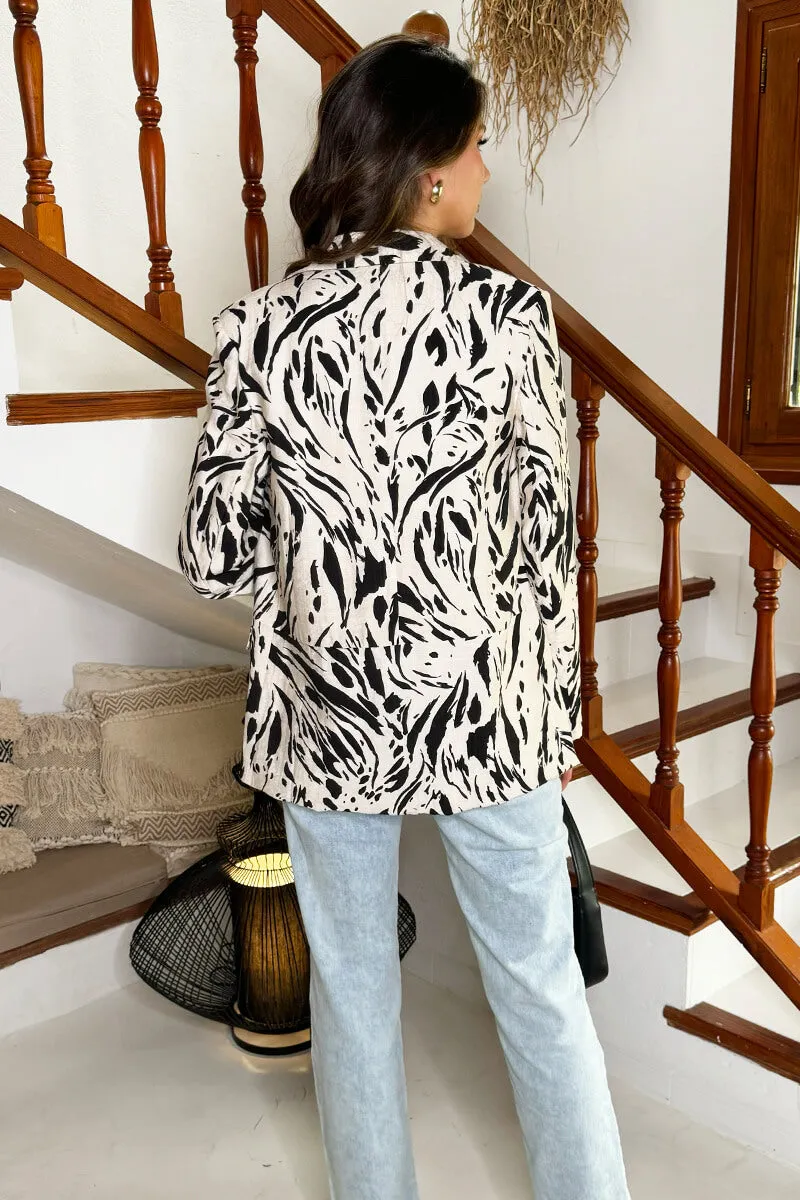 Cream And Black Brush Stroke Print Shawl Collar Open Front Blazer sold by AX Paris product image thumbnail 5